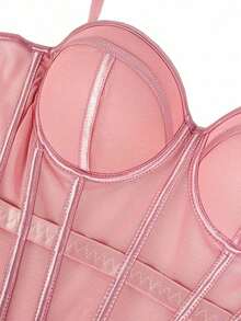 Camiseta sin espalda de malla de unicolor marrón con estilo de corsé para mujer, lencería casual de otoño/invierno negra de verano - Rosa Pálido - Ver 2