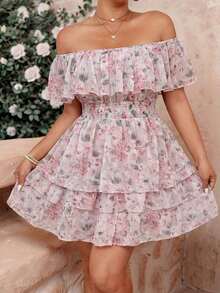 Vestido de talla grande con hombros descubiertos, con estampado floral romántico y diseño en capas tipo tarta - Rosa - Ver 7