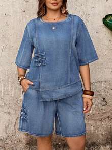Mature Denim Conjunto informal de 2 piezas de talla grande para mujer con top de cuello redondo y mangas al codo, y shorts con bolsillo de mezclilla - Azul lavado medio - Ver 1