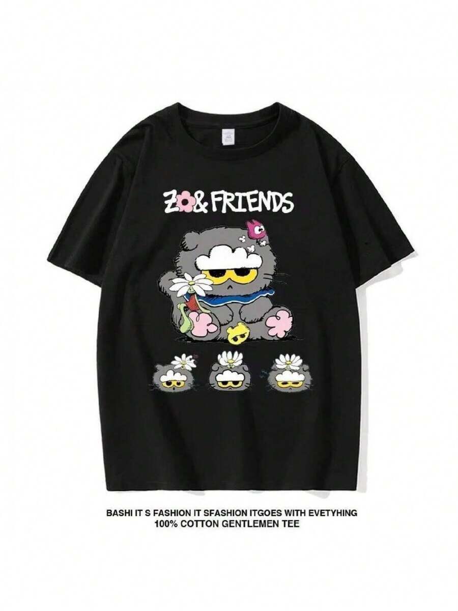 Camiseta divertida con estampado original amigos y animales algodón suave diseño moderno cómoda para uso diario talla M y color negro moda juvenil 2023. - Negro - Ver 1