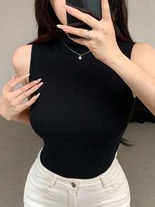 Tops de mujer de cuello alto, ajustados, sin mangas y con envolvente - Negro 2 - Ver 3