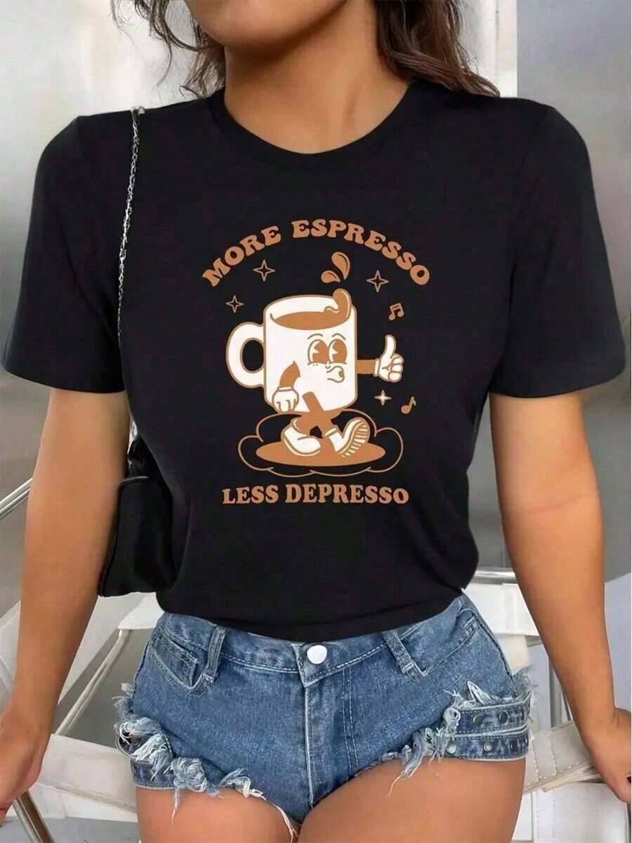 Algodón Camiseta Gráfica More Espresso Less Para Mujer.Camiseta Informal De Algodón Negra Con Diseño De Taza De Café.Manga Corta, Cuello Redondo.Camiseta Gráfica Divertida.Cuello Redondo.Mezcla De Algodón %. - Negro - Ver 1