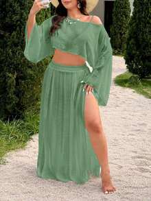 Swim Vcay Conjunto de 2 piezas de talla grande para mujer, blanco, de manga recta, con abertura, elegante y casual para vacaciones y playa - Verde militar - Ver 7