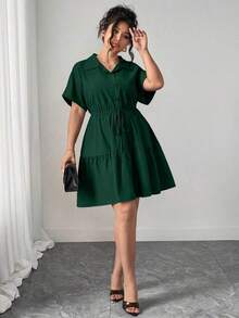 Vestido informal de estilo camisa de talla grande con detalles ricos - Verde Oscuro - Ver 4