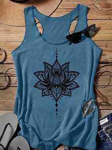 Camiseta de tirantes casual con estampado de flor de loto, apropiada para el verano - Niebla azul - Ver 6