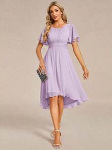 Vestido de dama de honor de gasa con pliegues y mangas con volantes, vestido de noche elegante para invitados de boda en primavera - Púrpura malva - Ver 3