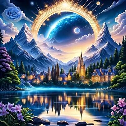1pc - DIY 5D Diamond Painting Kit, Dreamlike City By The Lake, Large Size Diamond Painting Tool Set, Suitable For Adults And Beginners, Frameless Full Round Diamond Art Embroidery, Cross Stitch Painting, Wall Decor, Home Decor Diamond Art Craft, Unique Holiday Gift