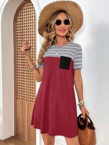Vestido estilo camiseta con estampado de rayas con parche de bolsillo - Rojo - Ver 4