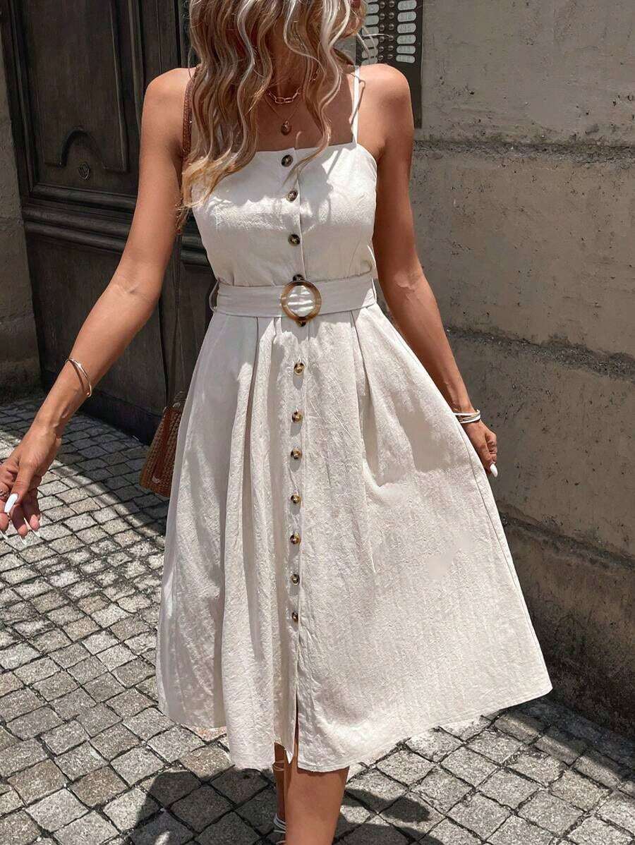 Women's Long Dress With Panels And Belt - 黑色 - 查看 1