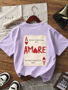 1 pieza Camiseta de mujer de manga corta y cuello redondo, suelta para el verano, con estampado temático de "Reina de Corazones" en vino tinto, adecuada para la oficina, salidas, uso diario, citas, fiestas, reuniones, ropa casual de calle en color rosa - Púrpura malva - Ver 3