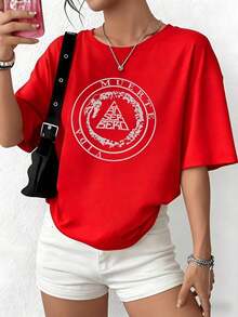 100% Cotton. The Print Features A Circle Symbolizing The Eternal Cycle Of Life And Death, With A Figure Representing Human Duality. Women's 100% Cotton Soft And Durable T-Shirt, Perfect For Everyday Wear. Women's Simple Solid Color T-Shirt, Loose And Slim Fit Casual Short Sleeve - 紅色的 - 查看 1