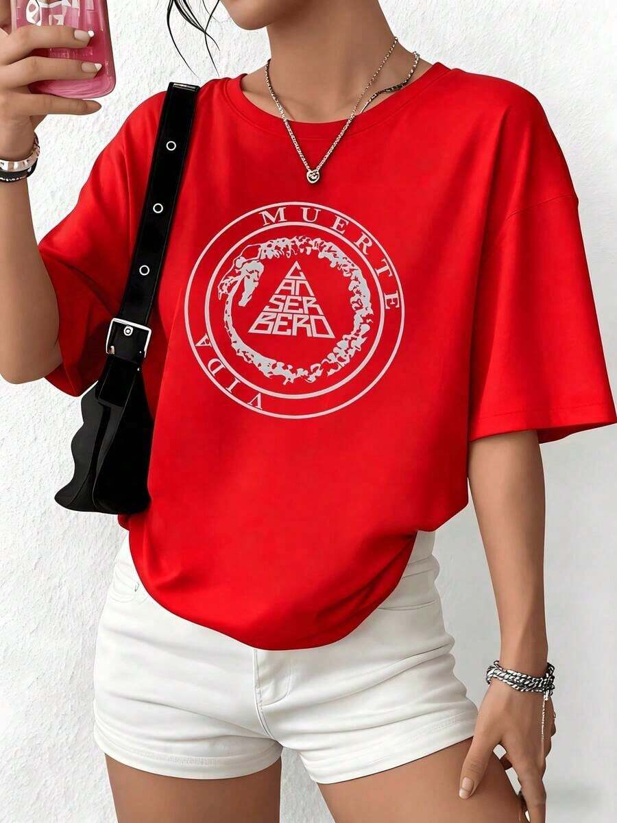 100% Cotton. The Print Features A Circle Symbolizing The Eternal Cycle Of Life And Death, With A Figure Representing Human Duality. Women's 100% Cotton Soft And Durable T-Shirt, Perfect For Everyday Wear. Women's Simple Solid Color T-Shirt, Loose And Slim Fit Casual Short Sleeve - 紅色的 - 查看 1