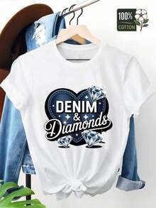 1 pieza de camiseta de mujer de mezclilla con diseño de corazón de diamante y purpurina - Top casual de cuello redondo con letras de pedrería y diseño de diamantes de mezclilla, adecuado para todas las estaciones, ropa casual cómoda, ideal para combinar con jeans y vestidos. Camiseta gráfica de manga corta con cuello redondo para mujer, temática de San Valentín, San Patricio y Pascua, uso diario casual en vacaciones. Camisetas blancas de manga corta para mujer, 180g, 100% algodón. - Negro - Ver 5