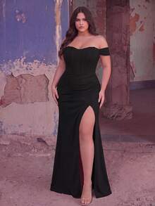 Faeriesty Vestido de noche formal elegante con hombros descubiertos, ajustado y con pliegues en el bajo para ocasiones especiales, boda, fiesta de primavera, talla grande, color negro - Negro - Ver 2
