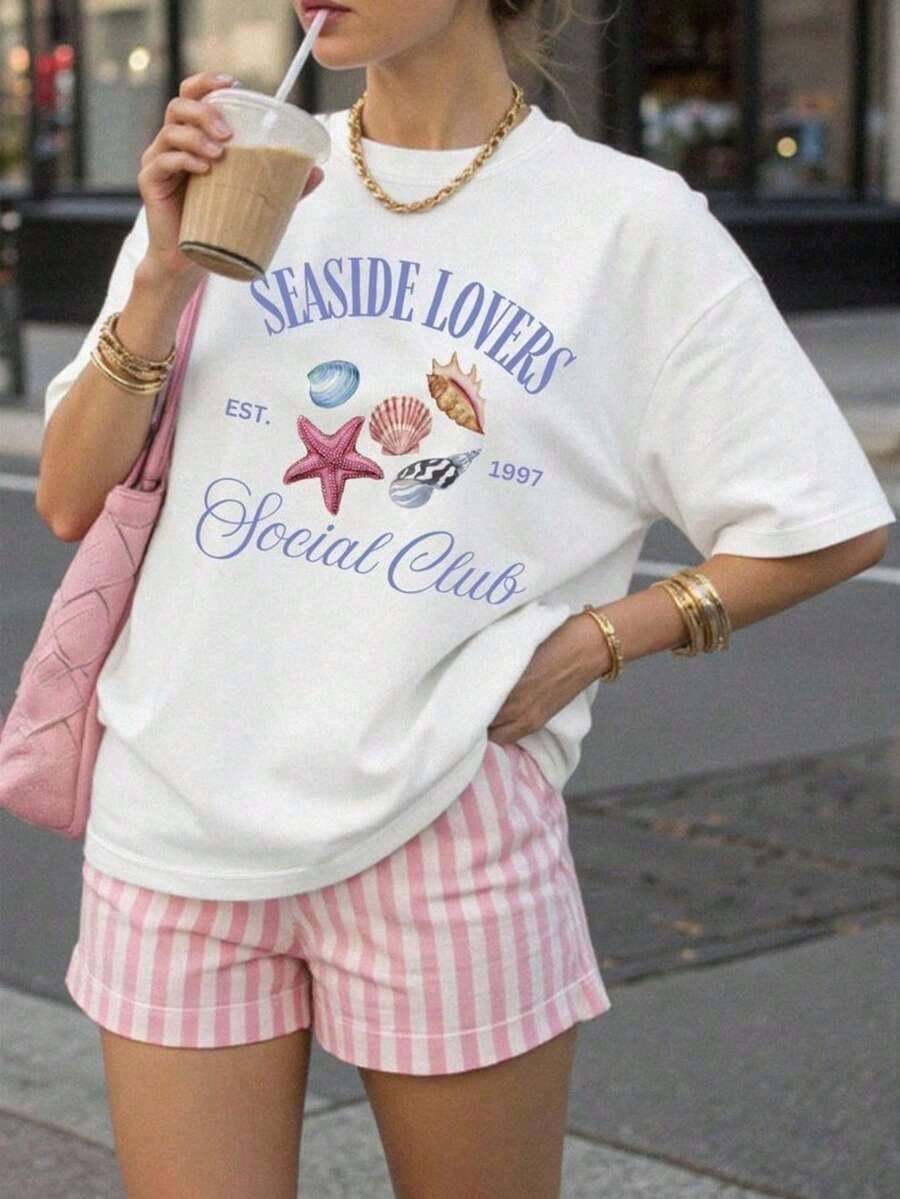 Camia de algodón con estampado mar casual de moda para mujer - Blanco - Ver 1