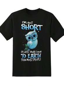 Camiseta de algodón transpirable Camiseta de algodón transpirable Búho, no soy bajo, solo estoy más en contacto con la tierra que la mayoría de la gente. Camiseta divertida para mujer, camiseta gráfica casual, diseño de animal lindo, regalo para ella, 200g, ropa deportiva de mujer, blusas para mujer. - Negro - Ver 2