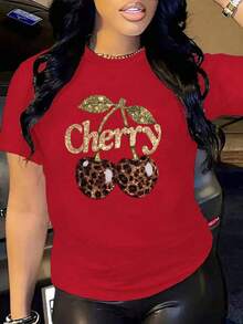 Women's Oversized Red Summer 2026 T-Shirt, Two Designs Available (Mixed Hearts And Cherries With Phrase). Loose-Fitting Youth T-Shirt With Heart And Cherry Prints, To Combine With Leggings Or Skinny Jeans. - YH547-紅色 - 查看 1