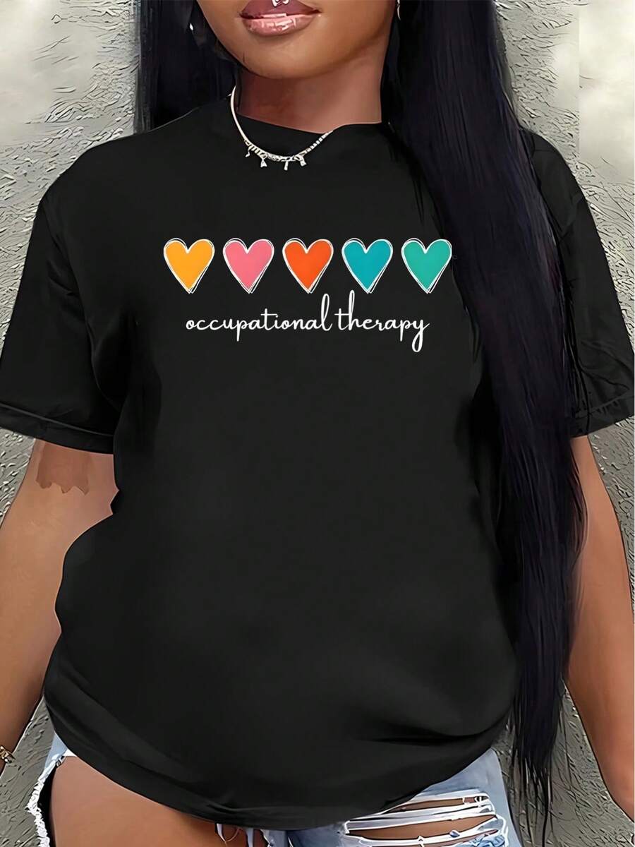 Short-Sleeved, Casual Professional T-Shirt Made Of Polyester, Featuring A Comfortable And Lightweight Design And Colorful Heart Prints, Suitable For The Workplace Or Everyday Wear. Its Soft And Durable Fabric Makes It An Ideal Choice For Daily Use In Clinics Or At Home. Women's Blouses > Clothing - 黑色 - 查看 1