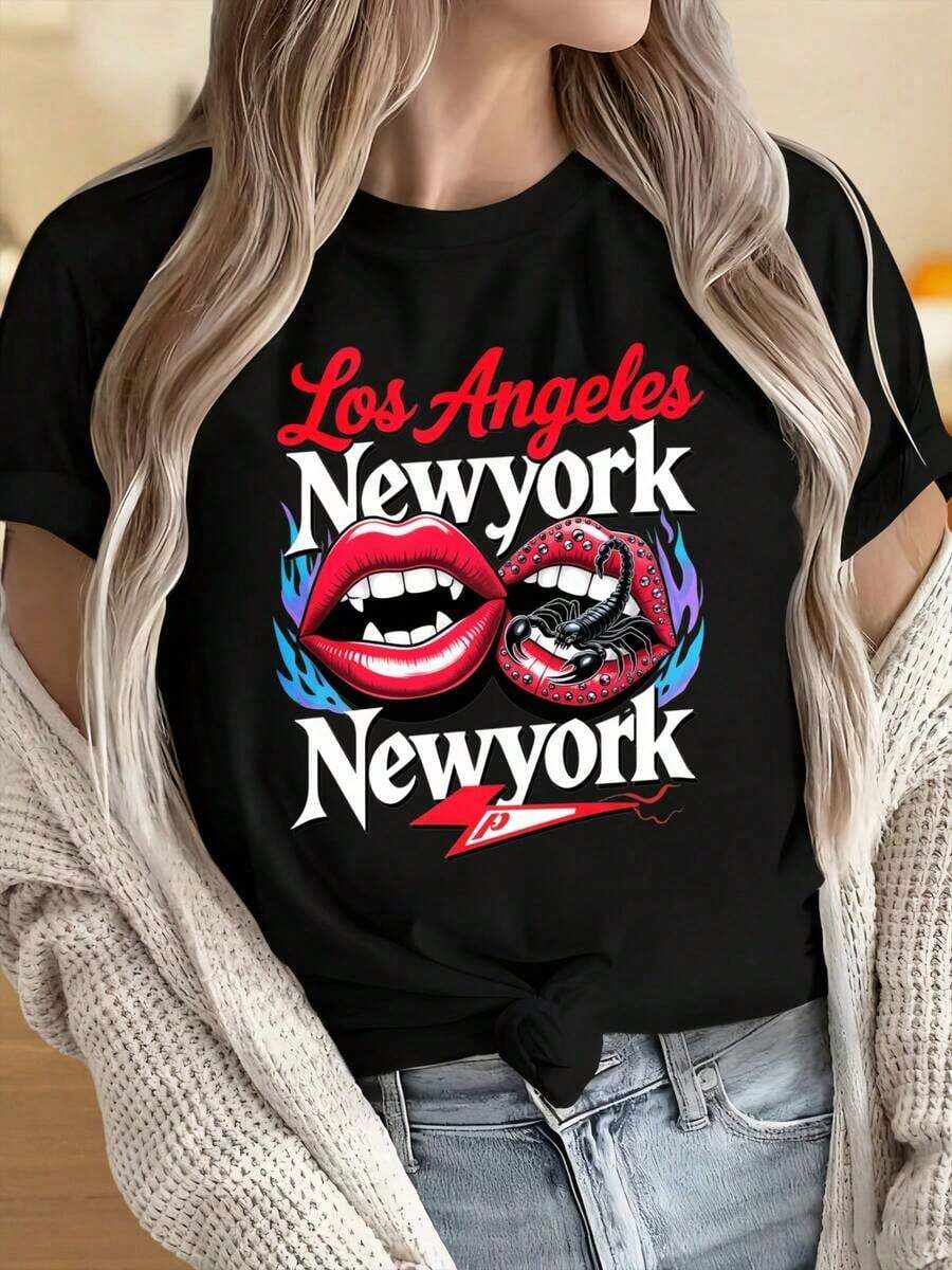 Camisetas para Mujer y Hombre con Cuello Redondo y Mangas Cortas, Diseño de Labios de Los Ángeles y Nueva York, Camiseta Negra para Mujer, Camiseta Gráfica de Moda, Ropa Casual de Calle, Estampados Divertidos Ideales para Fiestas de Navidad, Actividades Deportivas, Fiestas de Vacaciones, Salidas, Deportes y Otros Regalos Festivos. - Negro - Ver 1