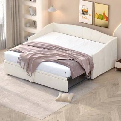 Polsterbett Ausziehbares Schlafsofa 90/180*200 Cm Mit Lattenrosten, Multifunktionsbett Aus High-Freundlichem Samtstoff Beige