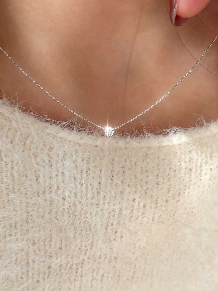 时尚不锈钢精致简约锆石吊坠防褪色链条圆形透明锆石项链女士饰品 - 銀色 - 查看 1