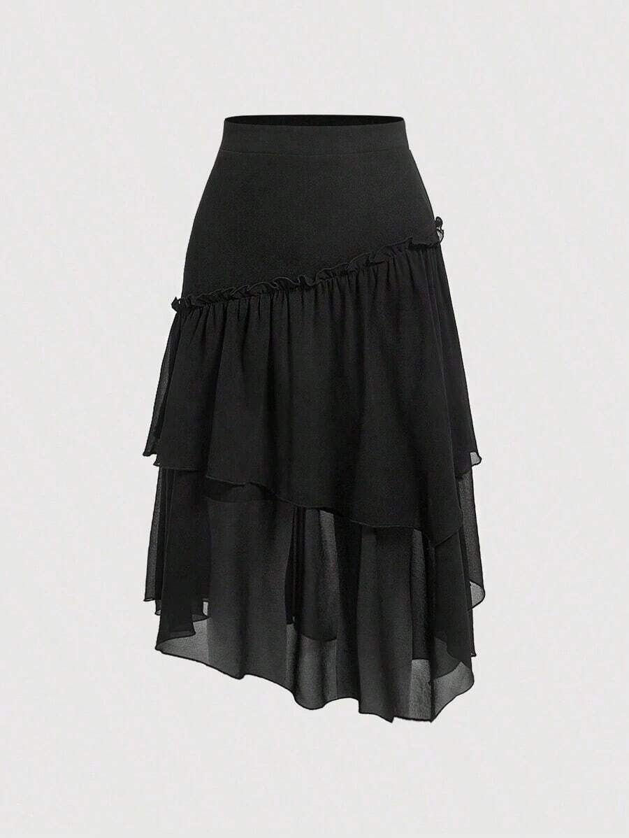 MOD Falda De Doble Capa Con Dobladillo De Volantes Para Mujer - Negro - Ver 1