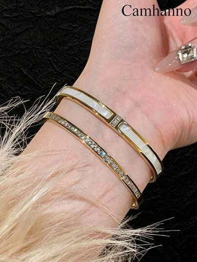 Camhanno 1/2pcs Fashion Art Stainless Steel Bracelet, Essential Stackable Style, Smooth Inlaid Panel And Full-Coverage Decorative Band, Minimalist Design, Suitable For Daily Wear And Special Occasions, A Stylish Addition To Jewelry Collection, An Exquisite Gift For Partners And Family, Pairs Well With Office Attire And Party Outfits To Showcase Elegant Taste