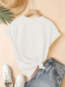 1 Piece Women's T-Shirt With Star Print Design, Soft And Comfortable, Pleasant To The Touch, Versatile For Casual Sports, Round Neck, Short Sleeve, Basic Spring And Summer T-Shirt For Women, 180g 100% Cotton - 白色 - 查看 3