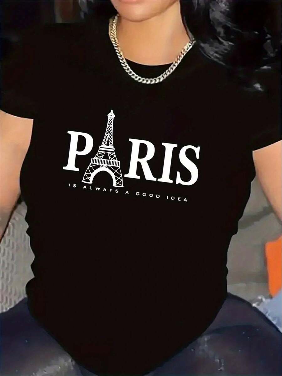 Camiseta de algodón puro estilo 2026 con diseño de la Torre Eiffel, una opción ideal para viajes, ligera y duradera, adecuada para actividades al aire libre y uso casual, ideal para restaurantes o áreas de ocio, ajuste cómodo, camiseta con diseño elegante, uso diario, cuello redondo, tela - camiseta vintage. - Negro - Ver 1