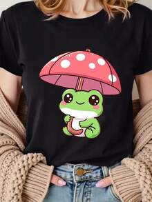 Women'S Cute Frog & Mushroom Print T-Shirt - Soft Stretch Round Neck Casual Tee, All-Season Comfortable Sports Tee For Casual Attire, Parties, And Costume Events, Frog Tshirt Casual Blouses For Lady - 黑色 - 查看 7