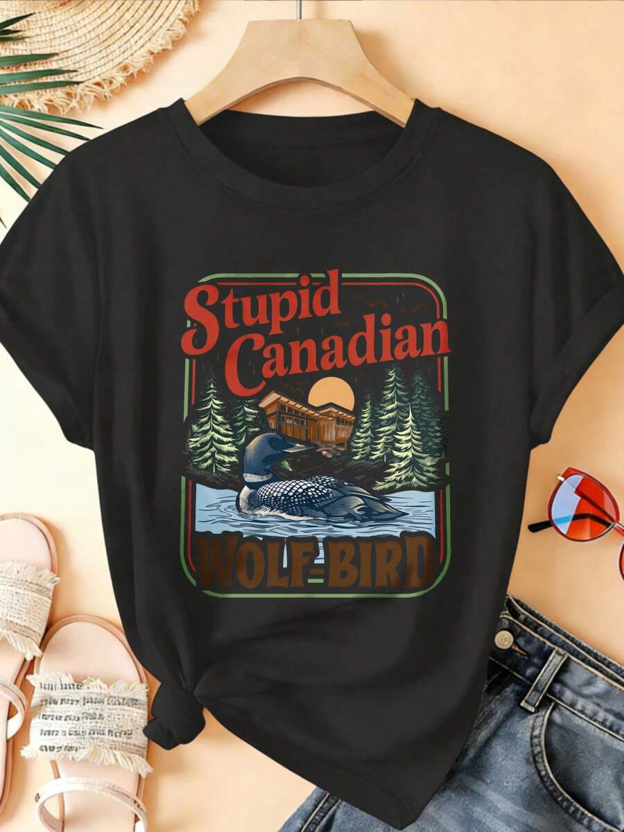 Camiseta Deportiva Casual para Mujer con Diseño Ilustrado de Loon y Cabaña - Camiseta Negra Elástica de Cuello Redondo, Lavable aáquina, Ajuste Cómodo para Todas las Estaciones, Perfecta para el Día a Día. - Negro - Ver 1