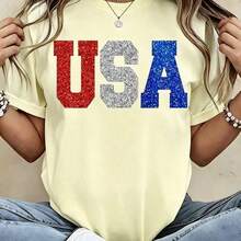 100%CottonGlitter Usa Patriotic T Shirt Red White And Blue Sparkle Print For Independence Day Celebration Party WearBreathable Cotton Tee, All Match - 黃色 - 查看 16