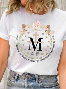 Primavera. 1 Pac. 100% Cotton. Wonderful Medal Shirt, Virgin Mary Shirt, Catholic Clothing, Rosary Shirt, Catholic T-Shirt, Confirmation Gift, 100% Cotton Women's T-Shirts, 1 Piece Women's Printed Casual Crew Neck Short Sleeve T-Shirt. Grafica Vacanze - White - View 8