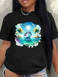 Women's Short-Sleeved Polyester T-Shirt With A Tropical Island Cruise Print. Lightweight And Durable, It's Suitable For Casual Wear At The Beach, Resort, Or Vacation Settings. Comfortable And Fitted For Everyday Wear. - 黑色 - 查看 7