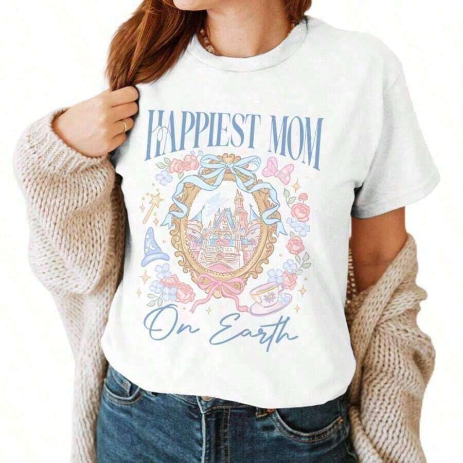 1 Piece Women's Vintage Retro Printed Loose Fit T-Shirt, Women's Casual Short Sleeve Cotton Graphic Tee, "The Happiest Mom In The World" Graphic Tee, Magic Castle Print Short Sleeve T-Shirt For Mother's Day Gift, 180g 100% Cotton. - 白色 - 查看 1