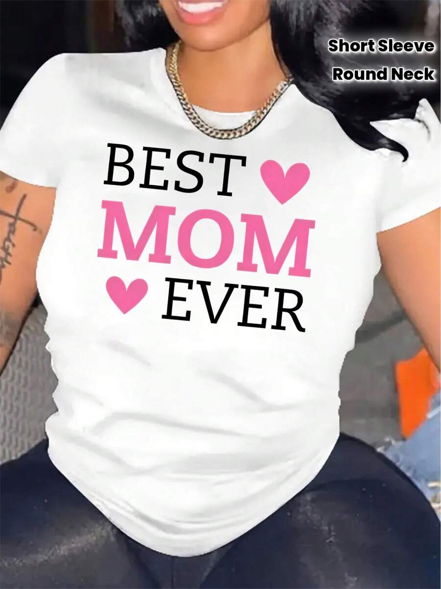 Camiseta Estampada "La Mejor Mamá del Mundo" - Top Casual de Manga Corta y Cuello Redondo de Wo Apparel, Lavable a Máquina, Adecuada para Uso Diario, Regalo para el Día de la Madre, Perfecta para un Atuendo Cómodo de Todos los Días - Blanco - Ver 1