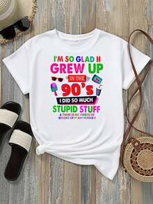 Camiseta de Mujer Estilo Retro de los 90 Opciones en Blanco y Negro Estampado Colorido Estoy Tan Feliz de Haber Crecido en los 90 Camisetas Gráficas V - Blanco - Ver 2