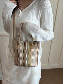 2026 New Colorful Woven Contrast Color Splice Vacation & Commute Crossbody Bucket Bag For Women, Spring/Summer - Khaki - View 4
