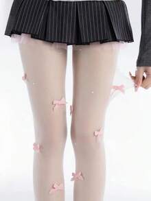 1 đôi tất nữ màu trắng ngọc trai đính nơ 3D, kiểu Lolita thuần túy, thích hợp để mặc hàng ngày. - trắng - Xem 1