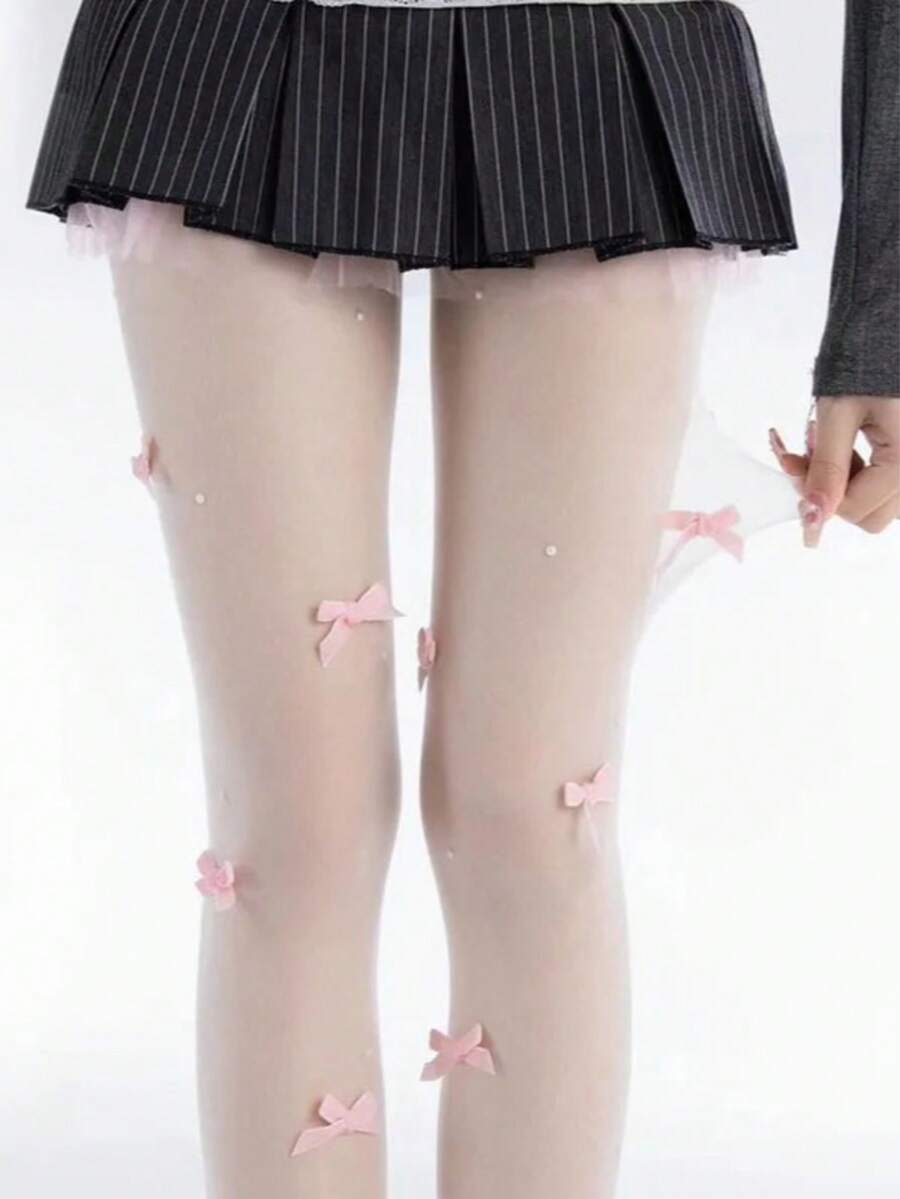 1 đôi tất nữ màu trắng ngọc trai đính nơ 3D, kiểu Lolita thuần túy, thích hợp để mặc hàng ngày. - trắng - Xem 1
