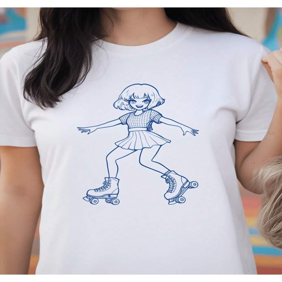 Camiseta gráfica para mujer con chica patinadora, atuendo casual de verano, estilo retro divertido, ropa de fiesta 2D, blusas bonitas para mujer, camiseta de mujer, Diseño holgado casual, holgada y ligeramente extendida S-XXXL - Blanco - Ver 1