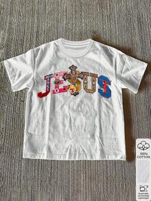 Camiseta de manga corta de cuello redondo con estampado de letras y cruces, informal y de verano para mujer Ropa deportiva estilo Y2K, cuello redondo, 100% algodón, tejido suave, manga corta. - Blanco - Ver 1