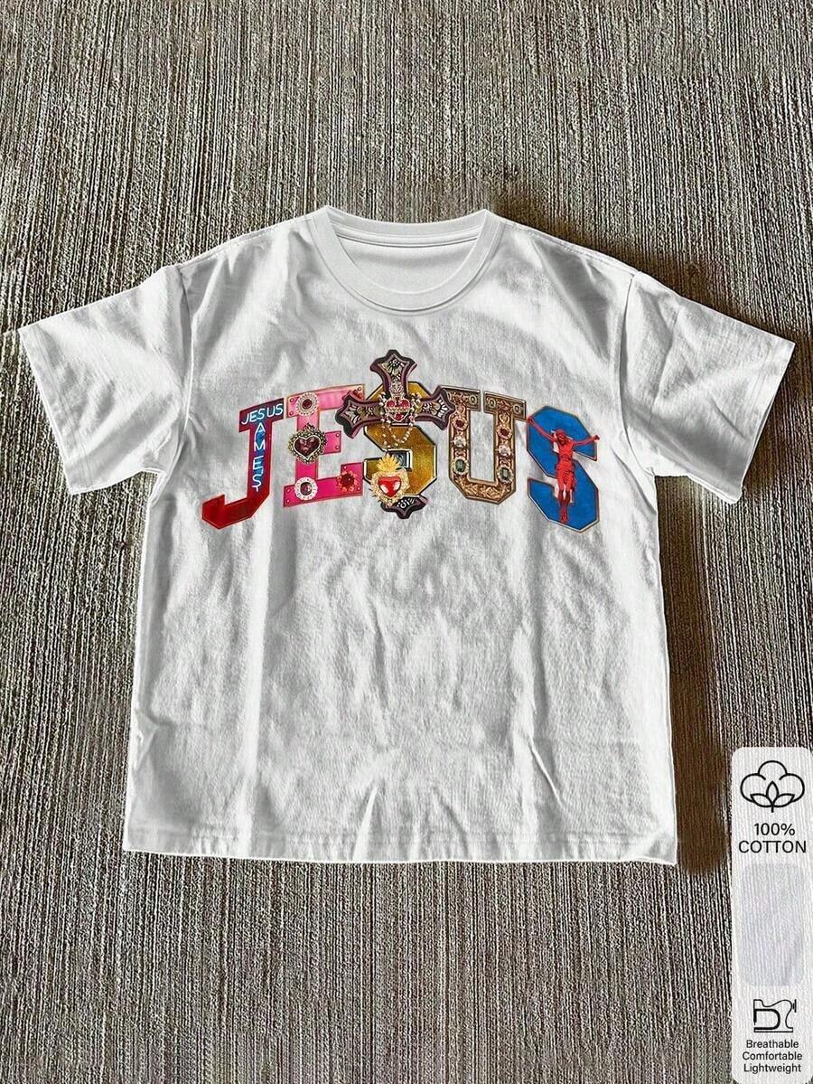 Camiseta de manga corta de cuello redondo con estampado de letras y cruces, informal y de verano para mujer Ropa deportiva estilo Y2K, cuello redondo, 100% algodón, tejido suave, manga corta. - Blanco - Ver 1