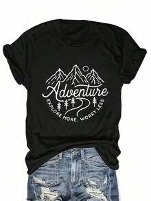 Camiseta con estampado gráfico para mujer "Adventure Explore More Worry Less", de algodón, corte holgado, casual, de manga corta y cuello redondo, para primavera y verano, ideal para viajes al aire libre, lavable a máquina, para uso diario, top de ajuste relajado, tela transpirable, camiseta estampada, para amantes de los viajes, diseño de moda de verano, material suave, blusa elegante, moda femenina. - Negro - Ver 1