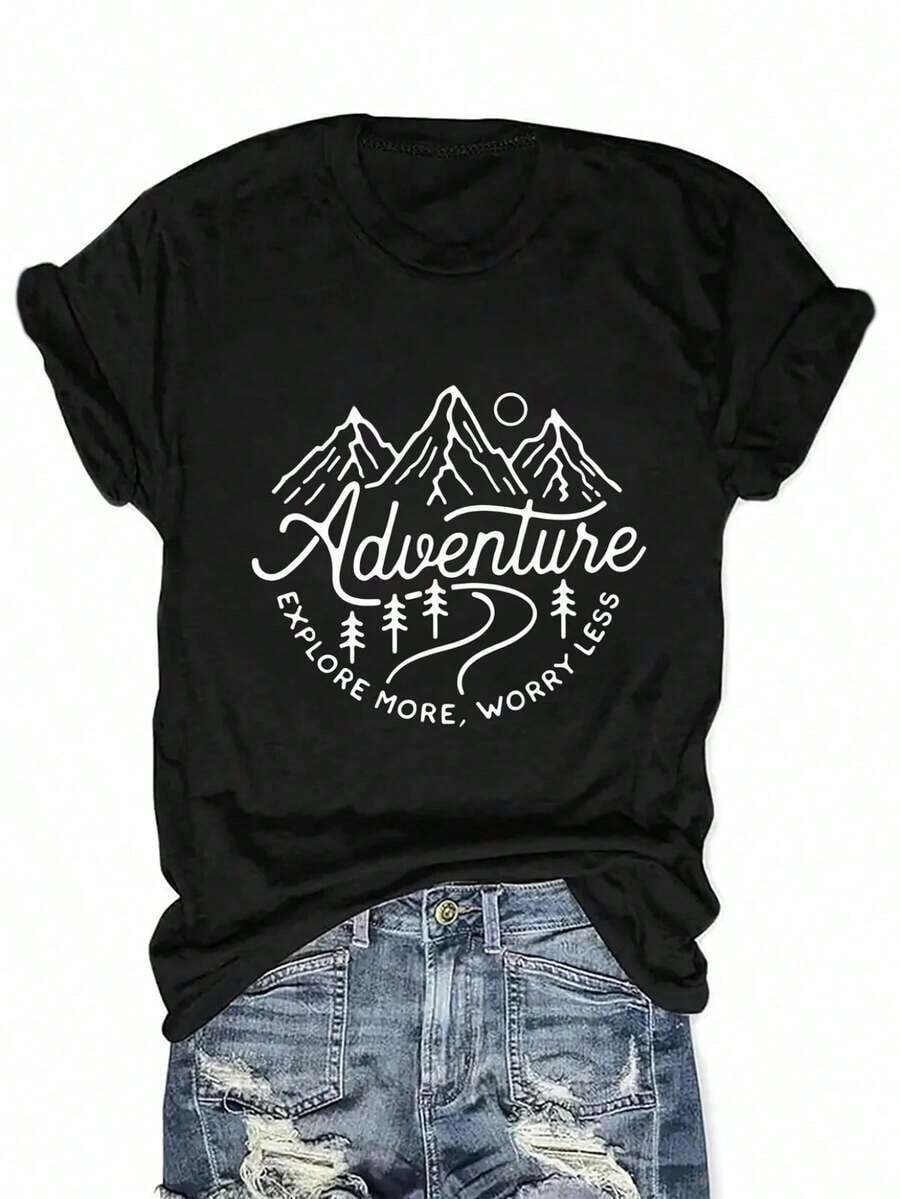 Camiseta con estampado gráfico para mujer "Adventure Explore More Worry Less", de algodón, corte holgado, casual, de manga corta y cuello redondo, para primavera y verano, ideal para viajes al aire libre, lavable a máquina, para uso diario, top de ajuste relajado, tela transpirable, camiseta estampada, para amantes de los viajes, diseño de moda de verano, material suave, blusa elegante, moda femenina. - Negro - Ver 1