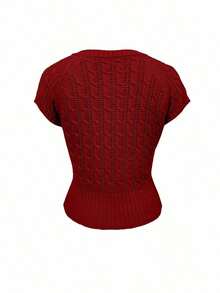 Nuevo cárdigan vintage con botones delanteros y tejido de punto calado - Rojo - Ver 2