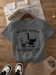 1 pieza Camiseta con estampado gráfico de "Silly Goose Weird Aunt", manga corta, cuello redondo, top casual para verano y primavera, ropa de mujer, 180g Algodón 100%. - Blanco - Ver 6