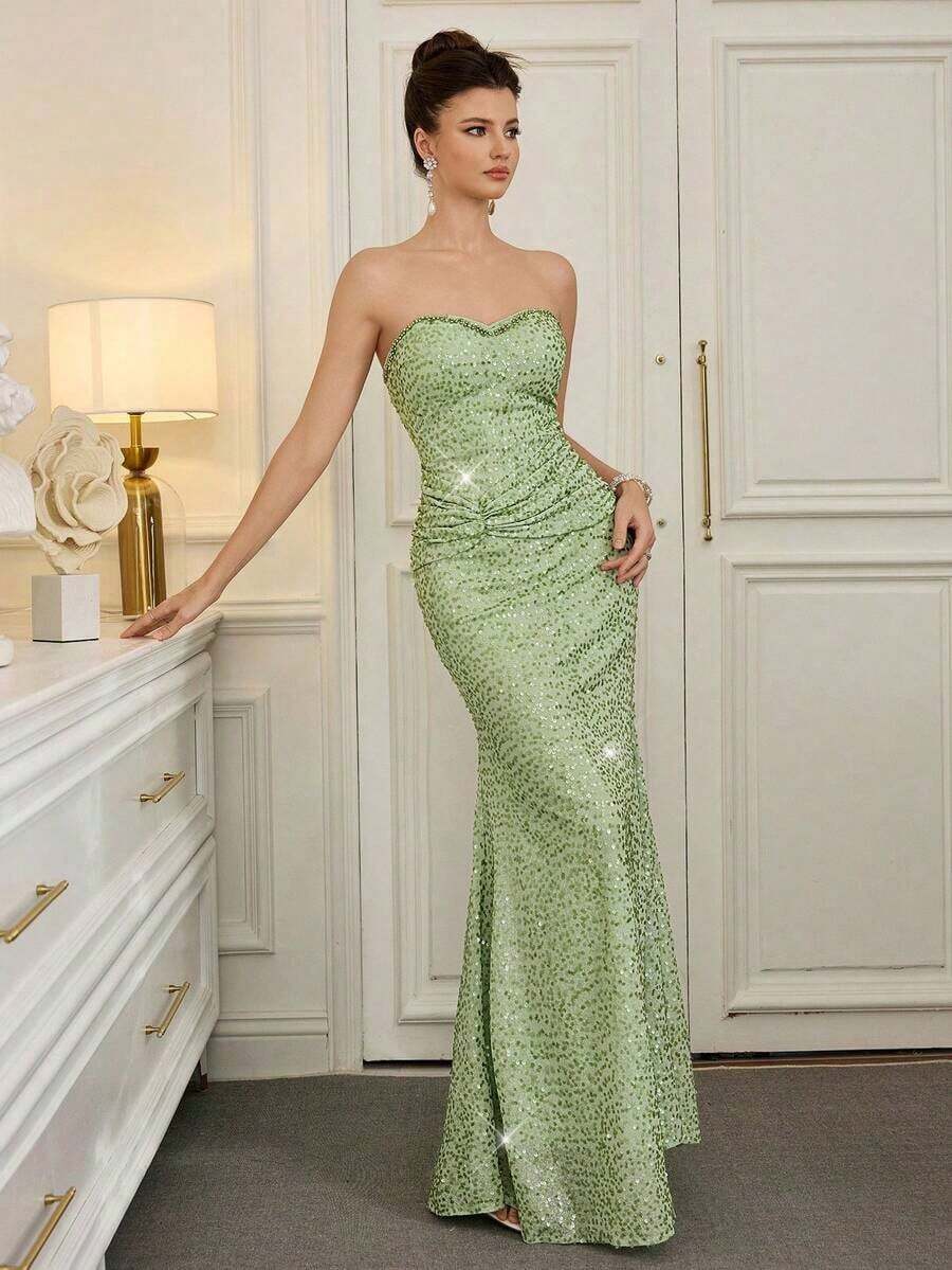 Vestido sin tirantes con lentejuelas para mujer, vestido de gala elegante y lujoso, estilo de socialité de alta gama - Verde - Ver 1