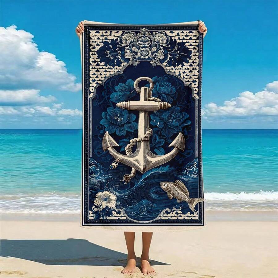 复古蓝色锚图案超柔软超细纤维沙滩巾，吸水性强，速干不掉毛，适合沙滩、游泳、度假使用。 - A - 查看 1