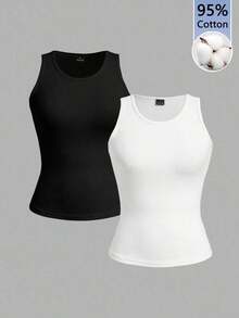 2 piezas de camiseta de tirantes de mujer de ajuste ceñido con estampado minimalista de letras de California en negro y blanco - 95% algodón, para primavera y verano, uso en todas las estaciones, vuelta al colegio, ropa de casa y deporte, estilo re - Blanco y Negro 4 - Ver 10